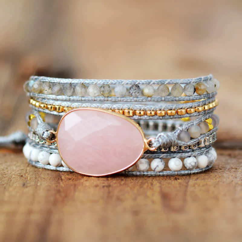 Olivenorma Delicate Rose Quartz & White Turquoise Hand-knitted Wrap Bracelet