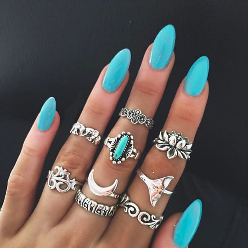 Olivenorma Turquoise  Lotus Symbol Ring Set