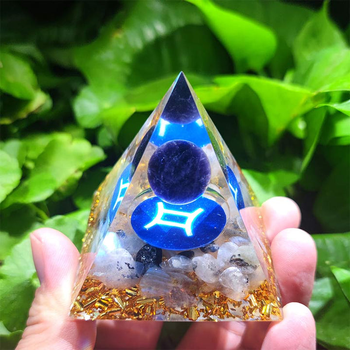 Olivenorma Amethyst with Clear Quartz Gemini Zodiac Orgone Pyramid