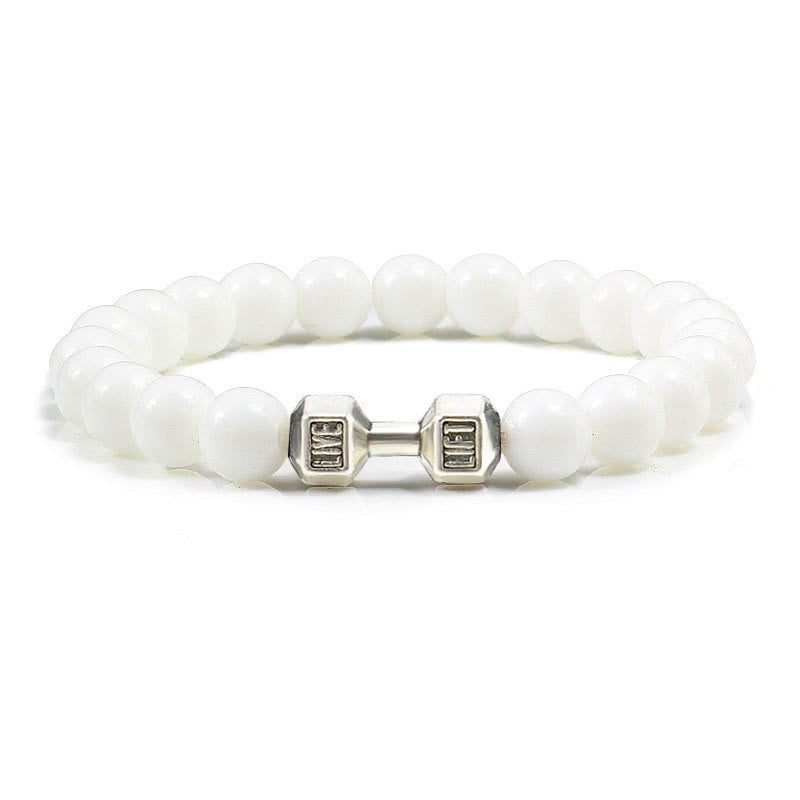 Olivenorma "Live Life" Dumbbells Natural Stone Beads Bracelet - White Chalcedony - Silver Barbell - 21cm - image 29