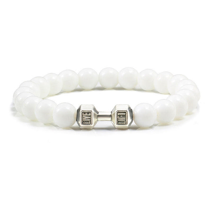 Olivenorma "Live Life" Dumbbells Natural Stone Beads Bracelet - White Chalcedony - Silver Barbell - 21cm - image 29