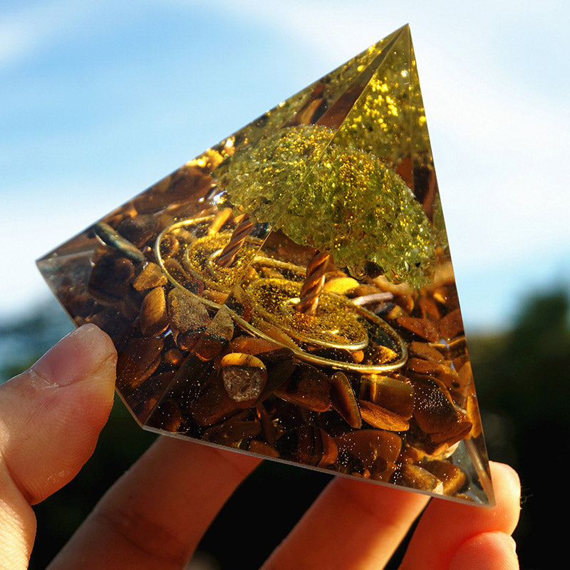 Olivenorma Peridot With Tiger Eye Tree Of Life Orgone Pyramid