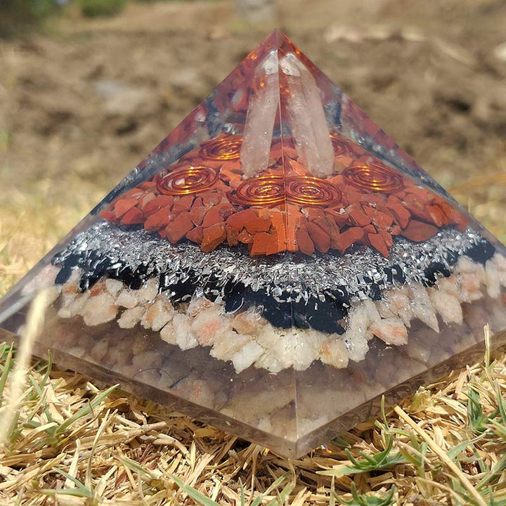 Olivenorma Clear Crysatl Pillar With Sun Stone Orgone Pyramid