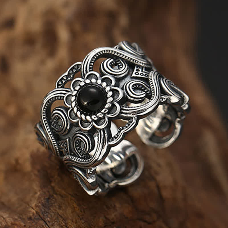 Olivenorma Ethnic Black Onyx Pattern Adjustable Ring