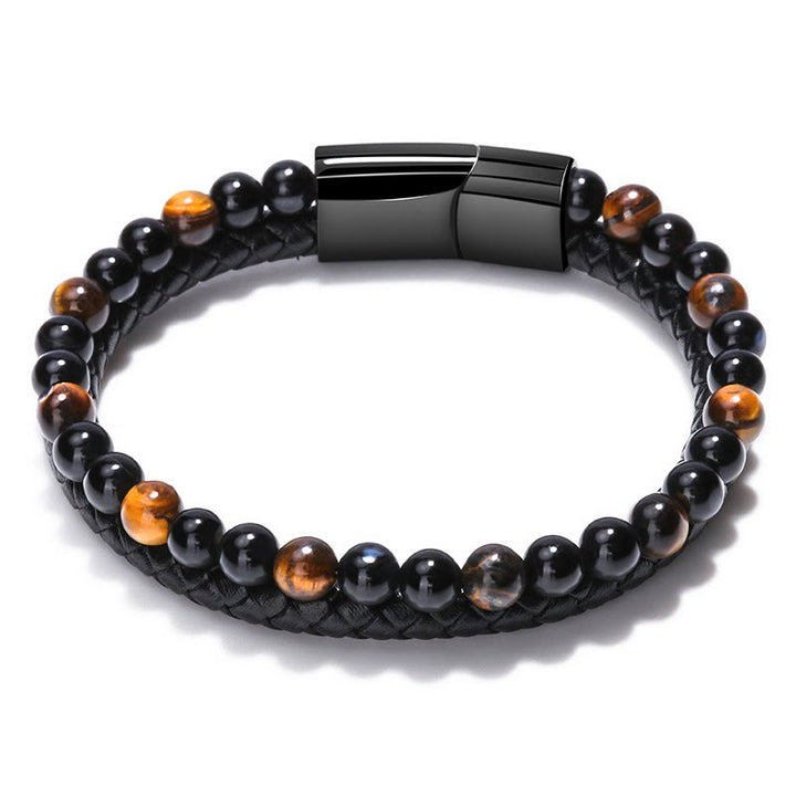 Olivenorma Mens Beaded Leather Two Layer Bracelet