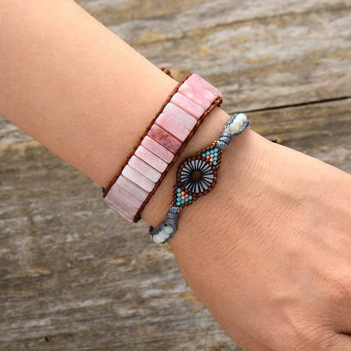 Olivenorma Natural Stone Square Leather String Wrap Bracelet