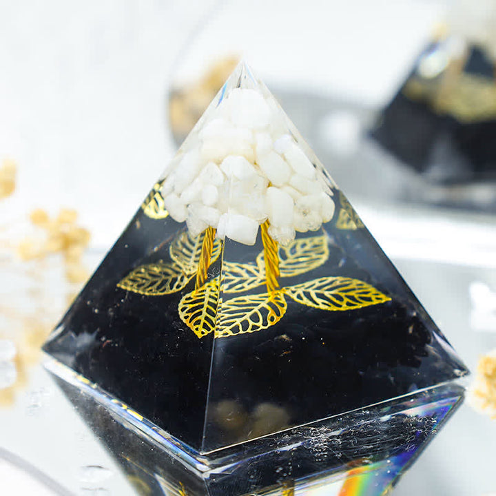 Olivenorma White Jade With Black Tourmaline Leaf Orgone Pyramid