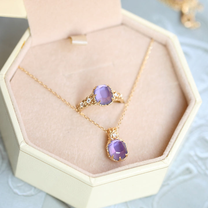 Olivenorma Natural Amethyst Square Stone Ring Necklace