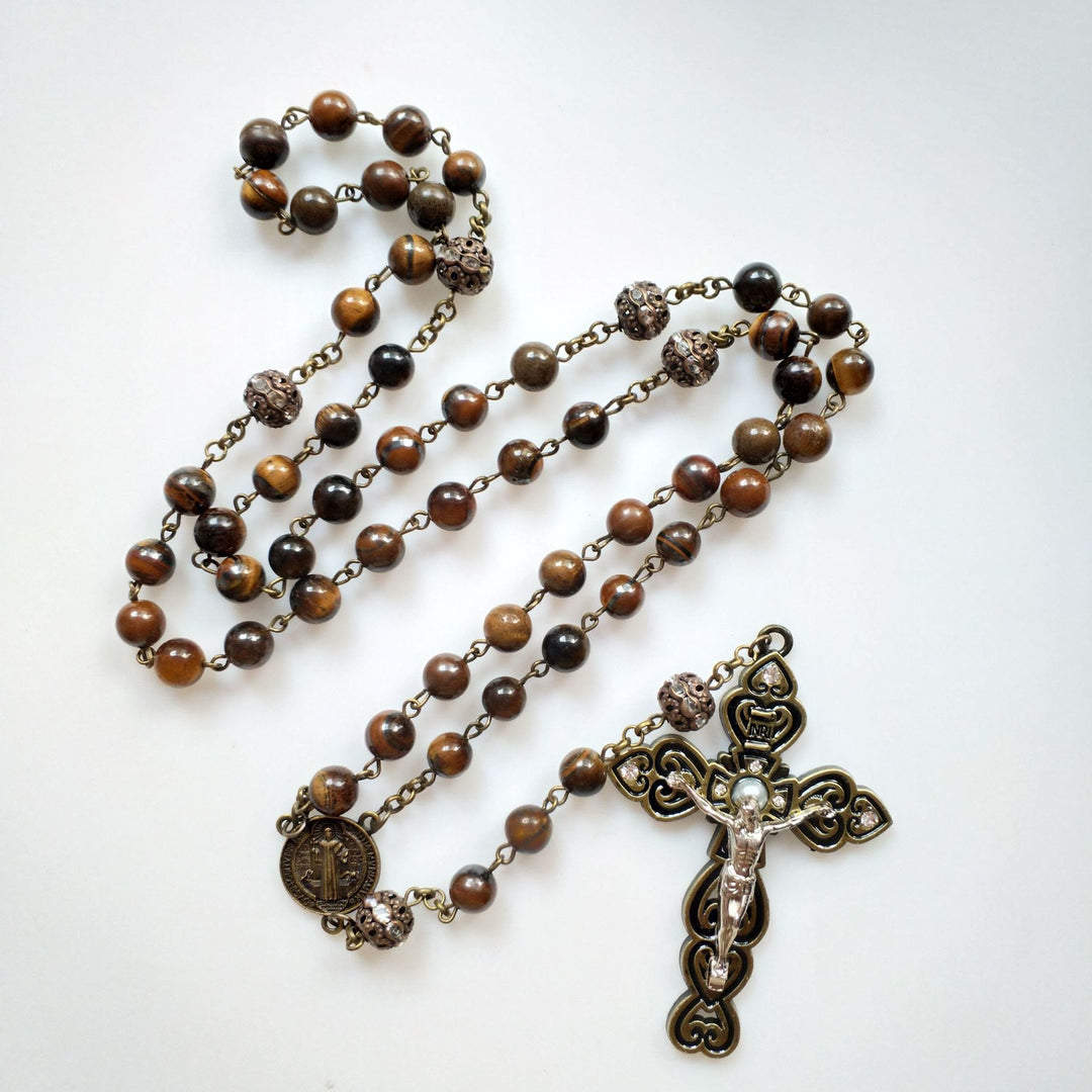 Olivenorma Grade A Tiger Eye Cross Pendant Rosary Necklace