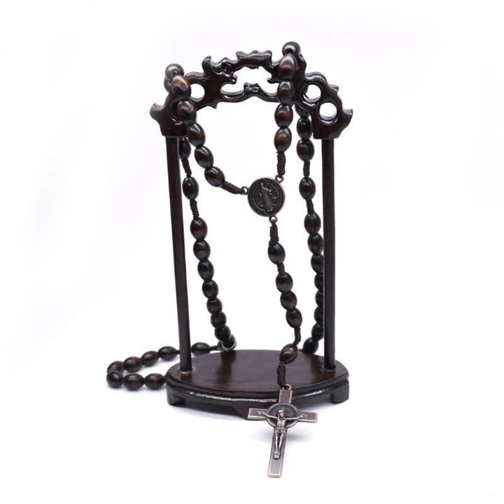 Olivenorma Knitted Vintage Cross Wood Rosary Necklace