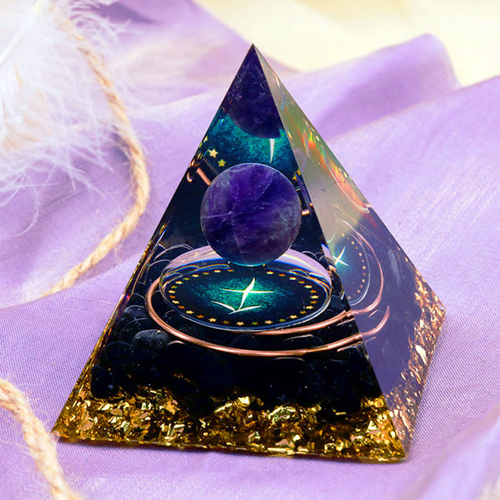 Olivenorma Amethyst Sphere With Obsidian Zodiac Sagittarius Orgone Pyramid