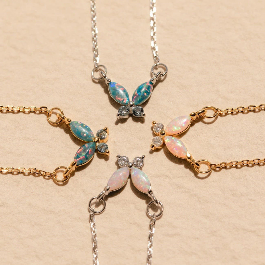 Olivenorma Blue Pink Opal Butterfly Pendant Titanium Steel Necklace