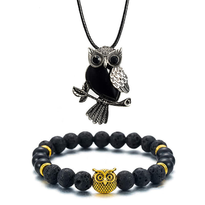 SPIRITUAL ENERGY - Owl Gemstone Necklace with Bracelet Gift Set - Black Onyx - Leather Chain - image 6