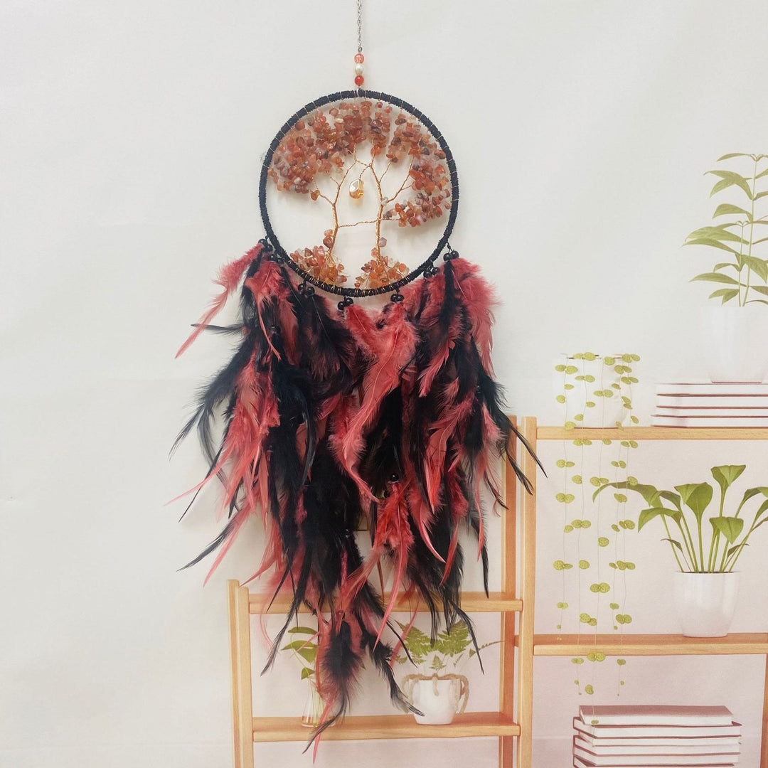 Olivenorma Crystal Tree of Life Pink Feather Dream Catcher