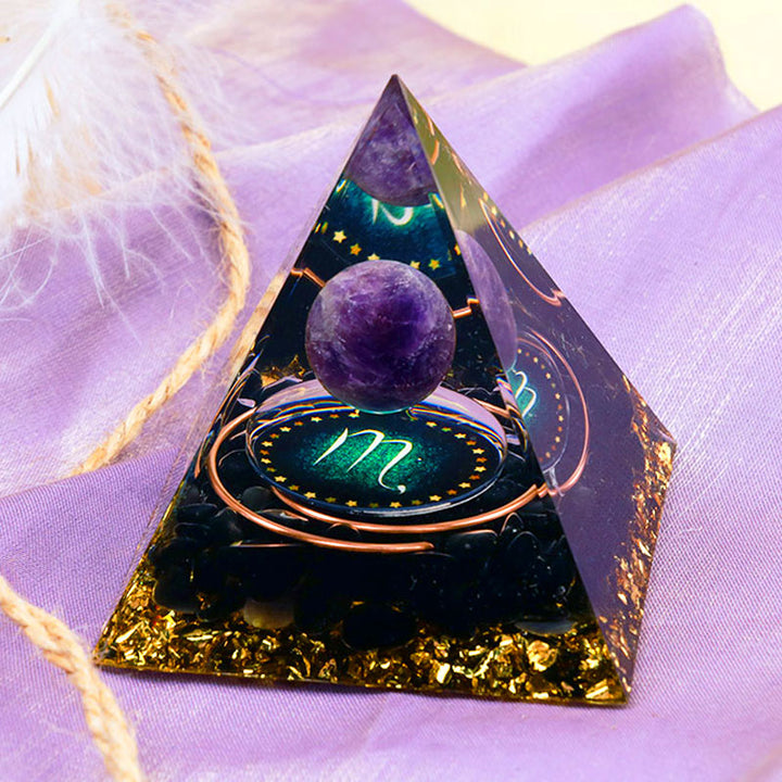 Olivenorma Amethyst Sphere With Obsidian Zodiac Scorpio Orgone Pyramid