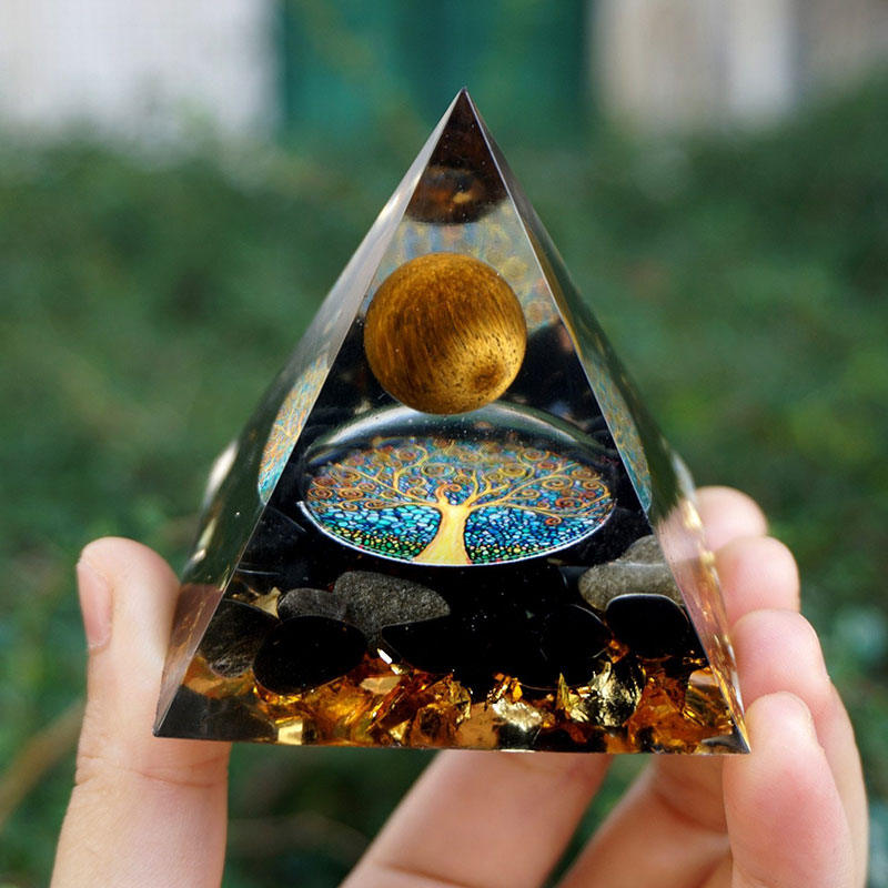 Olivenorma Tiger Eye Sphere & Obsidian Protection Orgone Pyramid