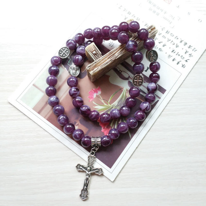 Olivenorma Amethyst Cross Pendant Rosary Bracelet