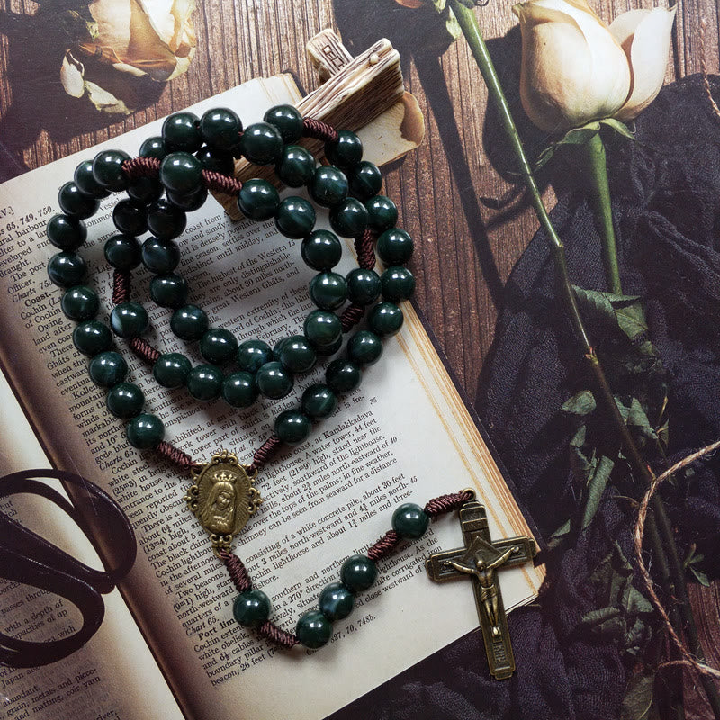 Olivenorma Moss Agate Holy Medal Cross Pendant Rosary Necklace