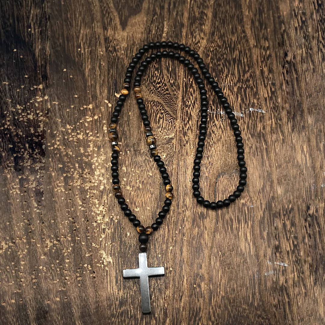 Olivenorma Wood Beads Stone Cross Pendant Rosary Necklace