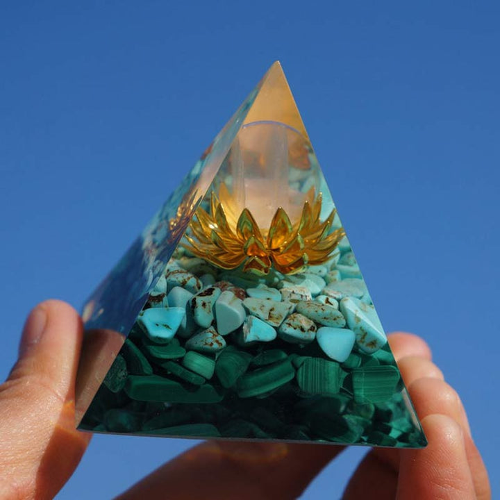 Clear Crystal Turquoise Malachite Lotus Symbol Orgone Pyramid