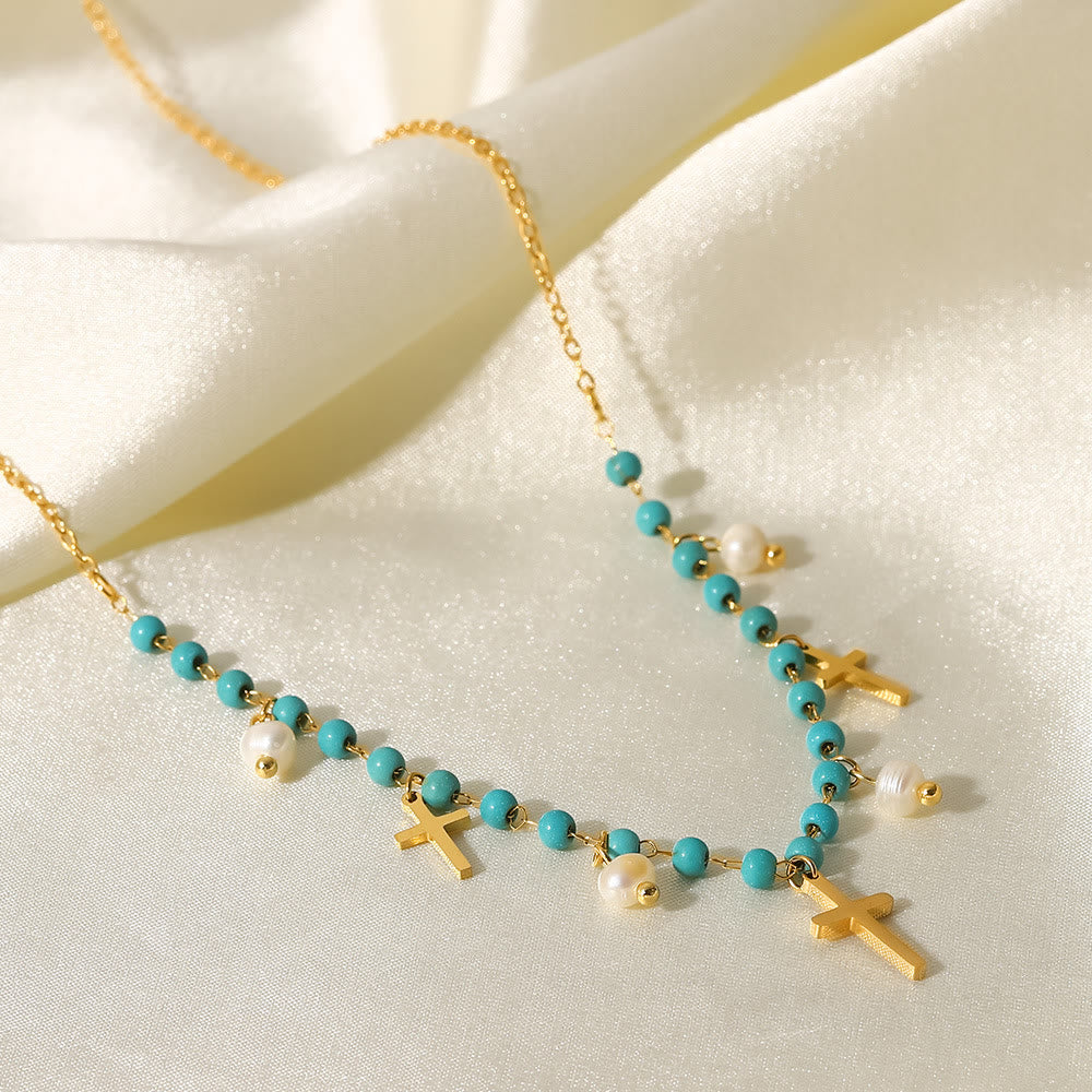 Olivenorma Turquoise Pearl Cross Pendant Tassel Necklace