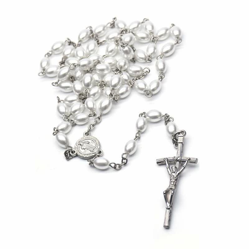 Olivenorma Gothic Cross Black Onyx or Pearl Rosary Necklace