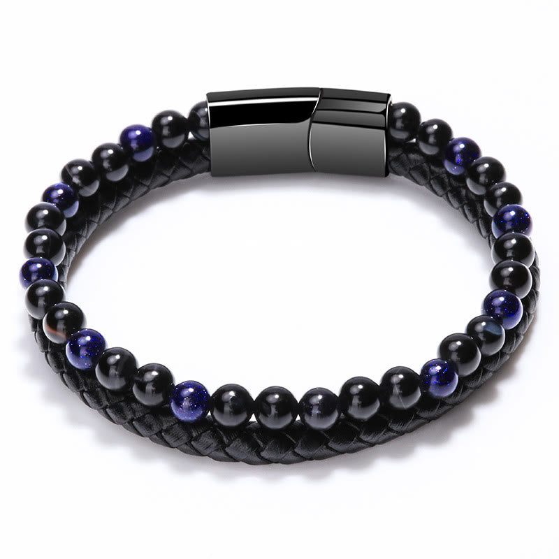 Olivenorma Mens Beaded Leather Two Layer Bracelet - Blue Sandstone - 23cm - image 9
