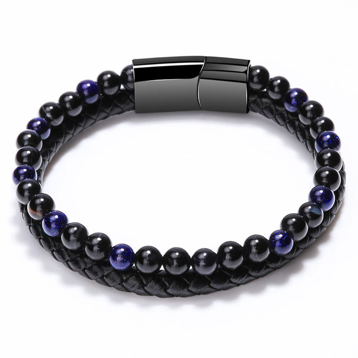 Olivenorma Mens Beaded Leather Two Layer Bracelet - Blue Sandstone - 23cm - image 9