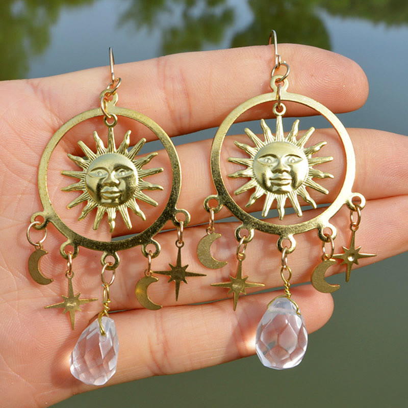 Olivenorma Natural Raindrop Crystal Gold Sun Moon Star Earrings