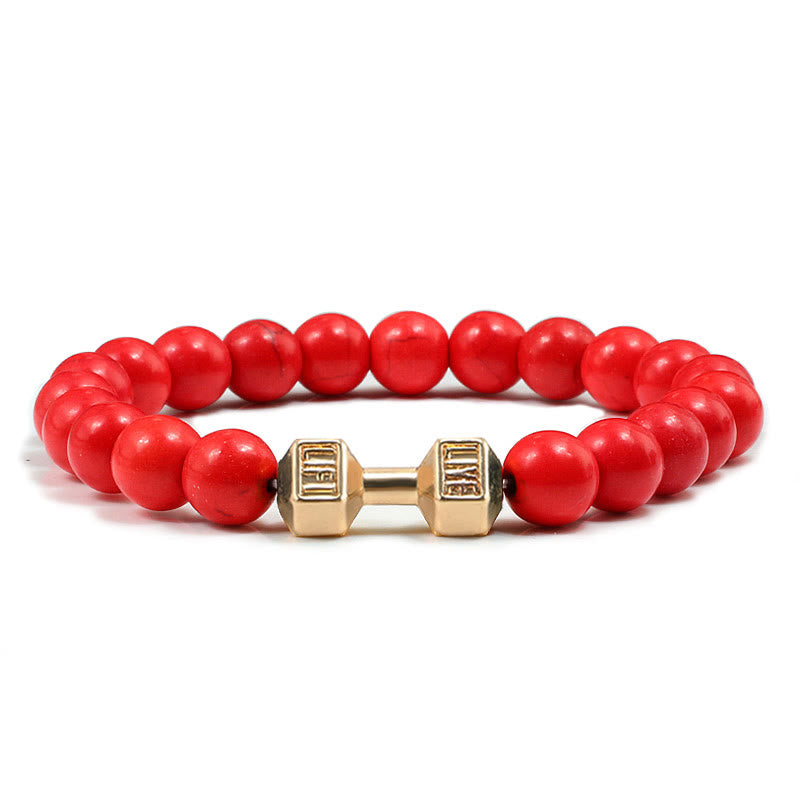 Olivenorma "Live Life" Dumbbells Natural Stone Beads Bracelet - Red Turquoise - Golden Barbell - 21cm - image 16