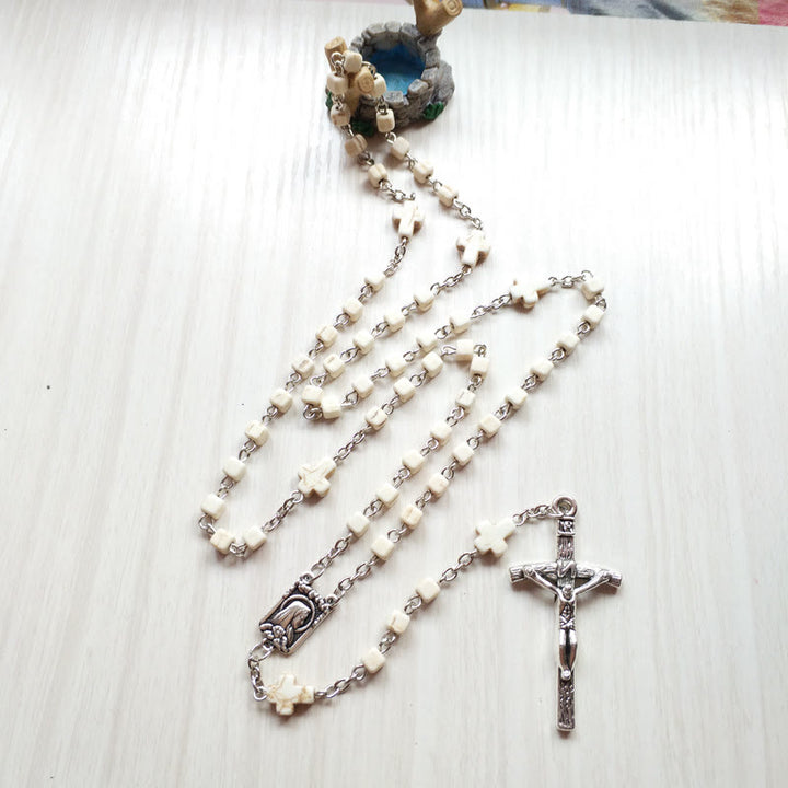 Olivenorma White Turquoise Cube Beaded Cross Rosary Necklace