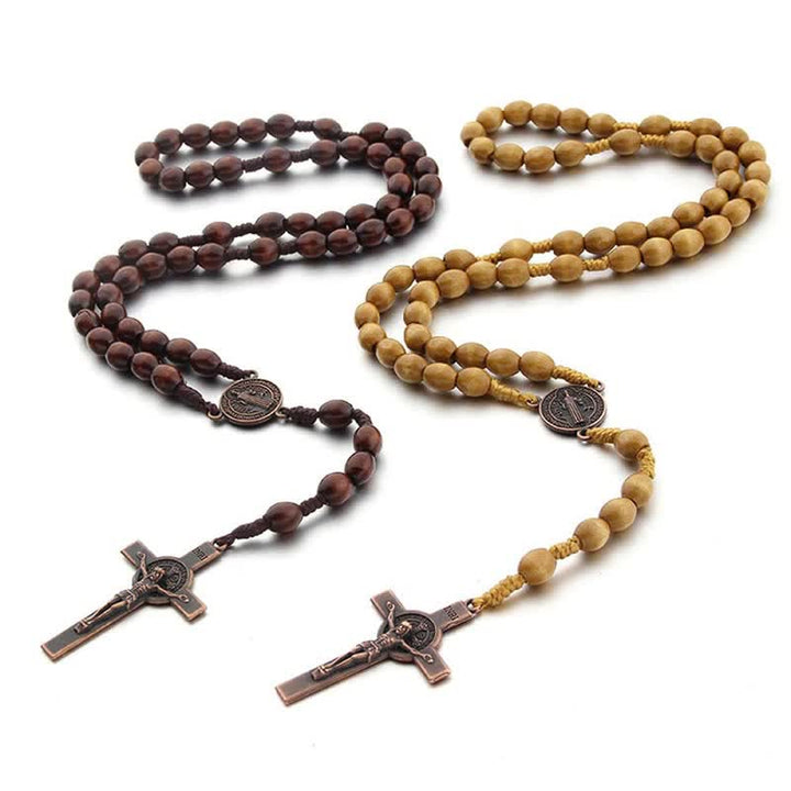 Olivenorma Knitted Vintage Cross Wood Rosary Necklace