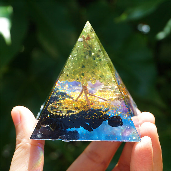 Olivenorma Peridot Amethyst With Black Tourmaline Orgone Pyramid