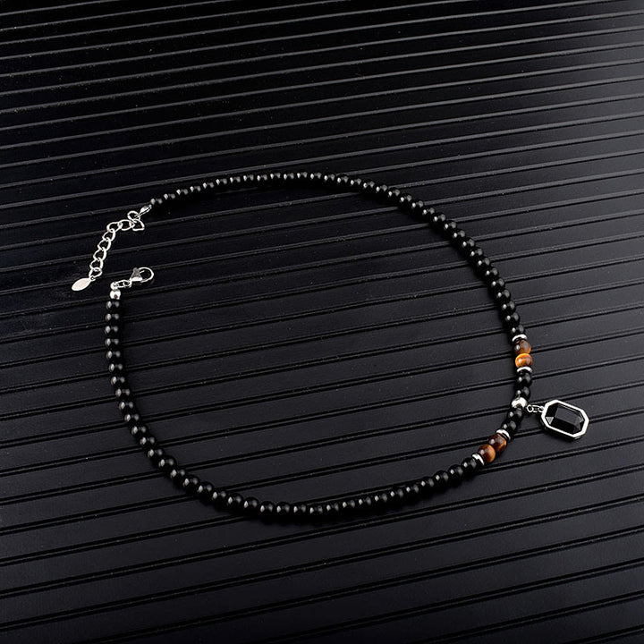 Olivenorma Tiger Eye Obsidian Beaded Men Titanium Steel Necklace