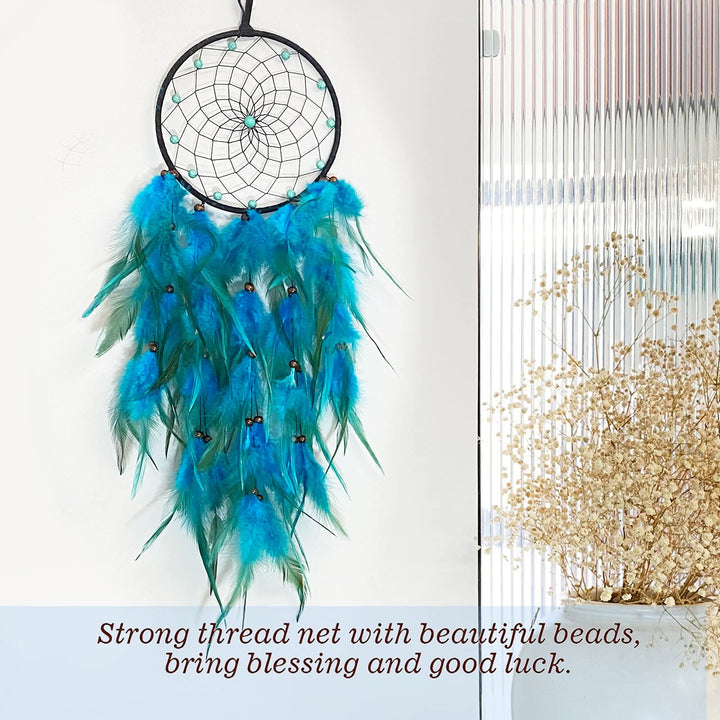 Olivenorma Turquoise Beaded Braided Floral Blue Feather Dream Catcher