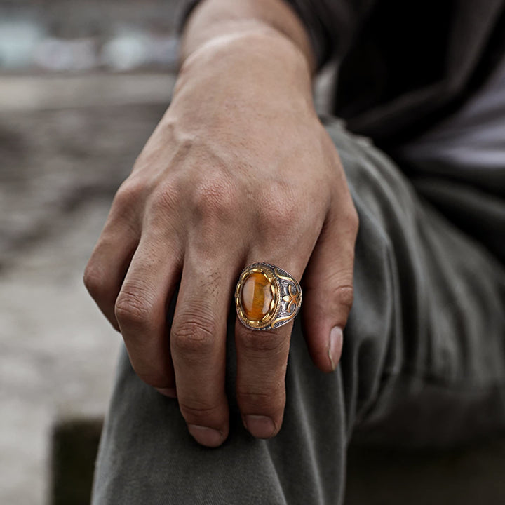 Olivenorma Retro Large Tiger Eye Stone Mens Ring