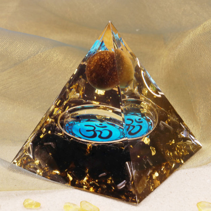 Olivenorma Tiger Eye Obsidian OM Symbol Orgone Pyramid