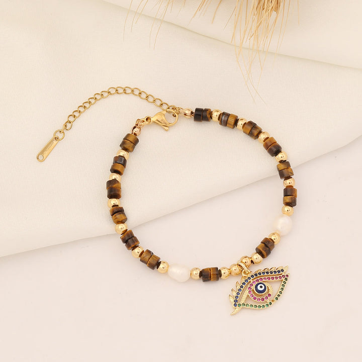 Olivenorma Natural Crystal Pearl Evil Eye Pendant Bracelet