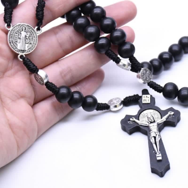 Olivenorma Madonna Cross Black Onyx Rosary Necklace