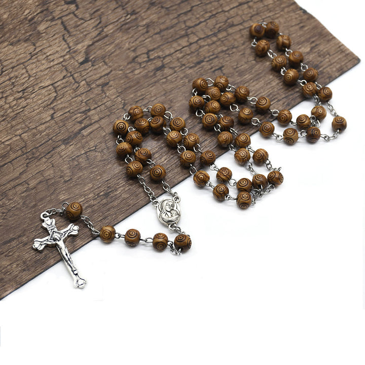 Olivenorma Wooden Evil Eye Rosary Cross Necklace