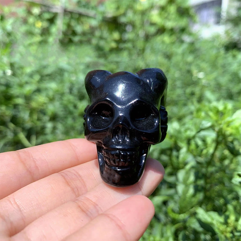 Olivenorma 40mm Obsidian Gemstone Decoration Horned Crystal Skull