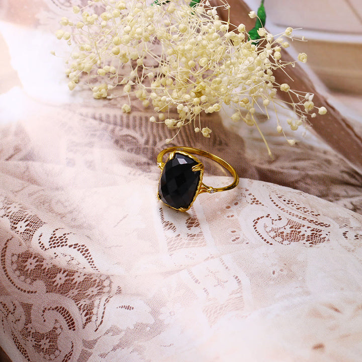 Olivenorma Large Square Aquamarine Black Onyx Vintage Ring