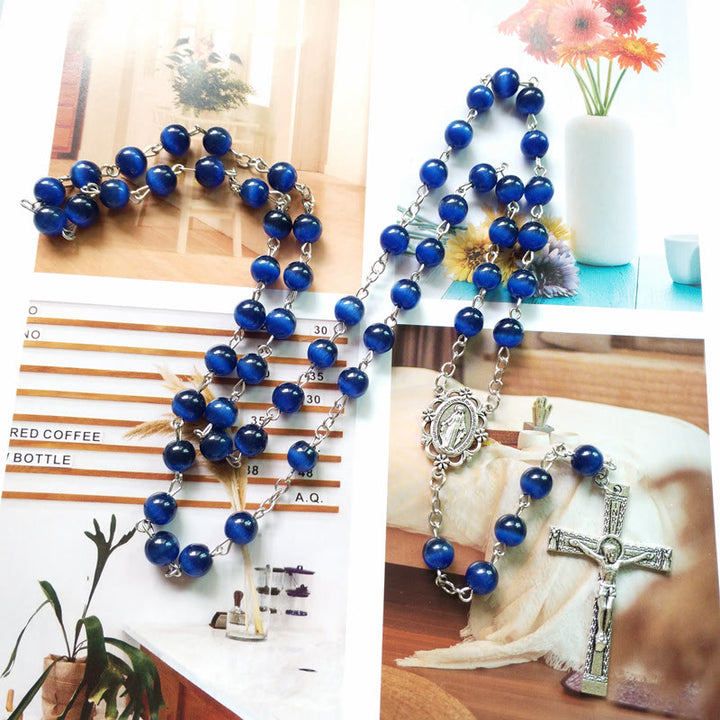 Olivenorma Blue Cat's Eye 8mm Stone Cross Rosary Necklace