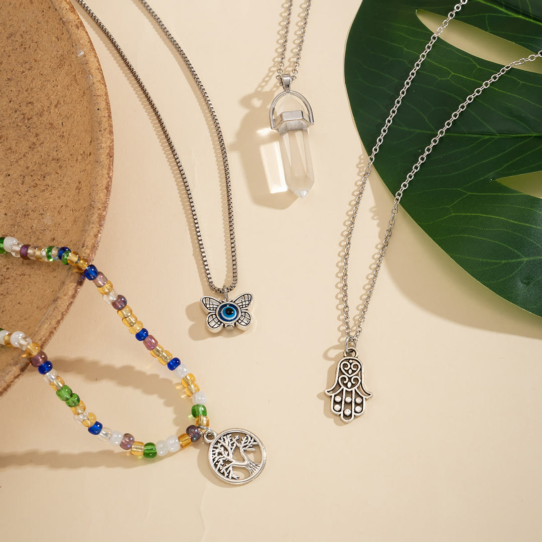 Olivenorma Natural Quartz Tree Of Life Hamsa Pendant Necklace Set