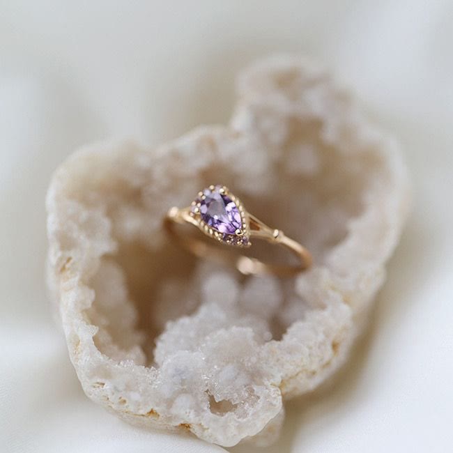 Olivenorma Amethyst White Zircon Water Drop Open Adjustable Ring