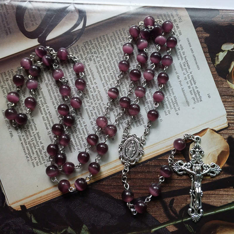 Olivenorma Purple Cat's Eye Stone Cross Rosary Necklace - image 1