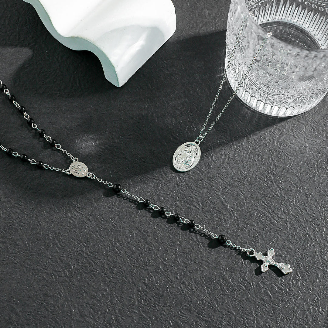 Olivenorma Obsidian Beaded Holy Medal Cross Pendant Rosary Necklace