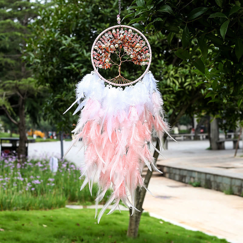Olivenorma Crystal Tree of Life Pink Feather Dream Catcher - Rose Quartz&Red Agate - image 0