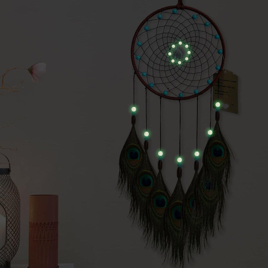 Olivenorma Glow Beads Handmade Peacock Feather Dream Catcher