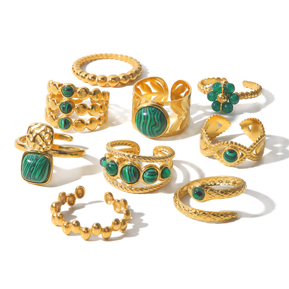 Olivenorma Gold Green Natural Malachite Open Ring Set